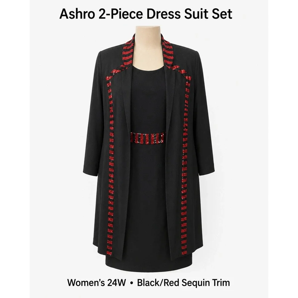 Ashro Womens 24W Black Red Sequin Trim 2 Piece Dress and Jacket Suit Set
